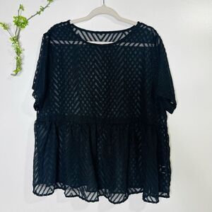 SHEIN Curve Black Textured Velvet Sheer Short Sleeve Blouse Top